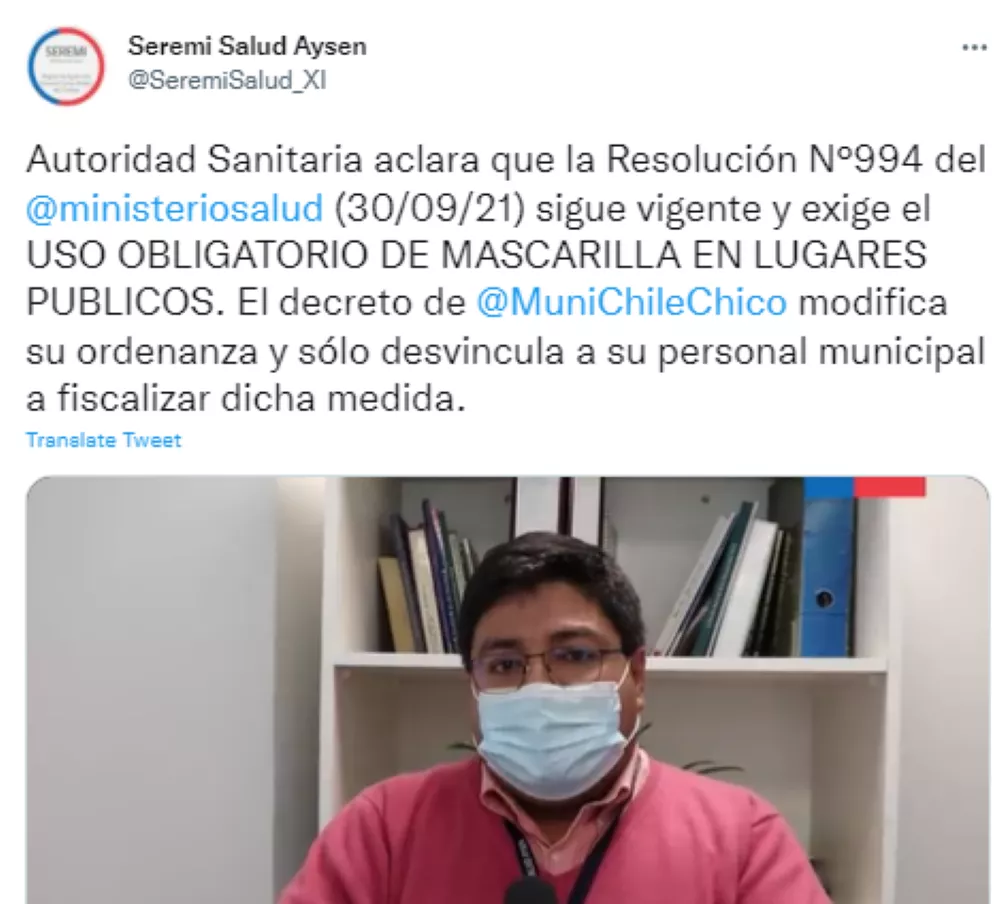 Seremi de Salud Aysen por uso de mascarilla 