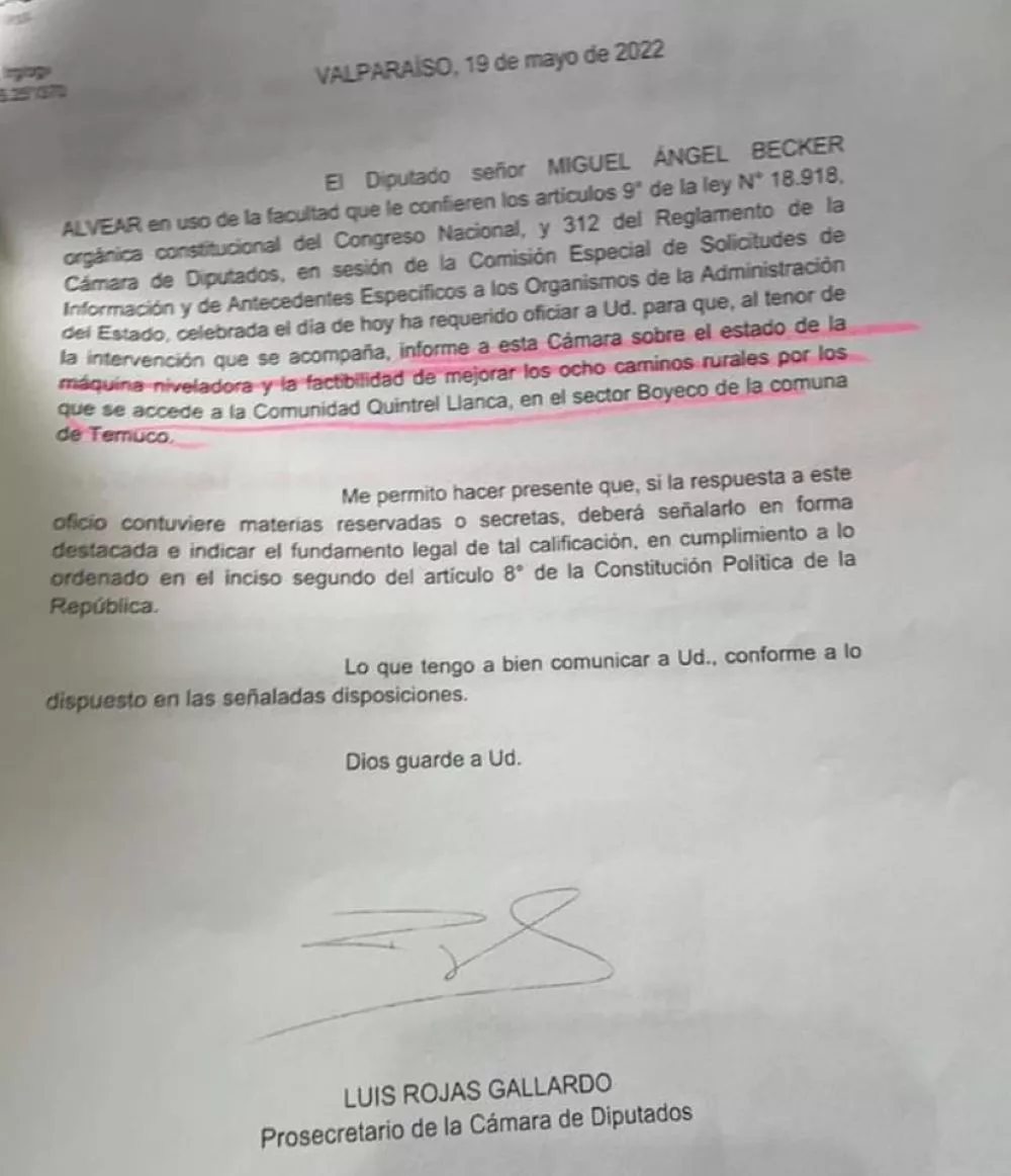 Oficio de Becker a Muni de Temuco