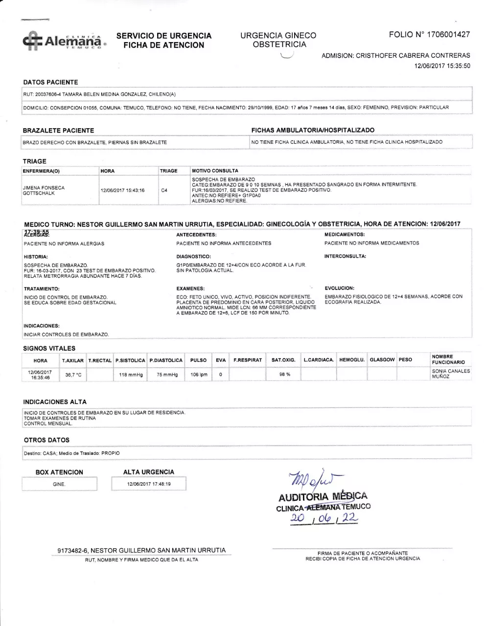 Ficha Atencion Clinica Alemana Temuco 12:06:2017