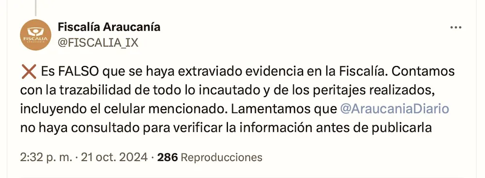 Tweet Fiscalia Regional Araucania