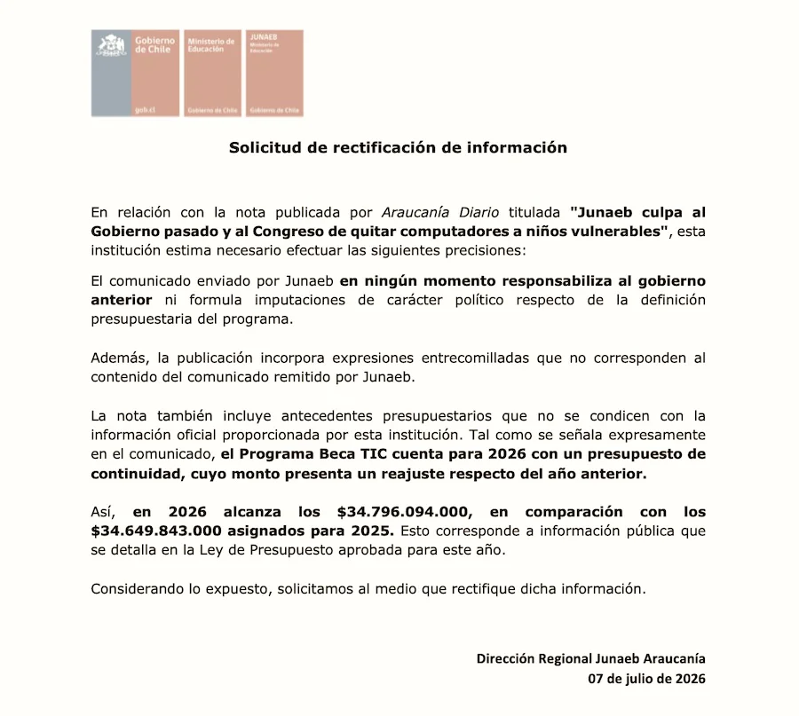 Solicitud de rectificacion Junaeb Araucania - AraucaniaDiario