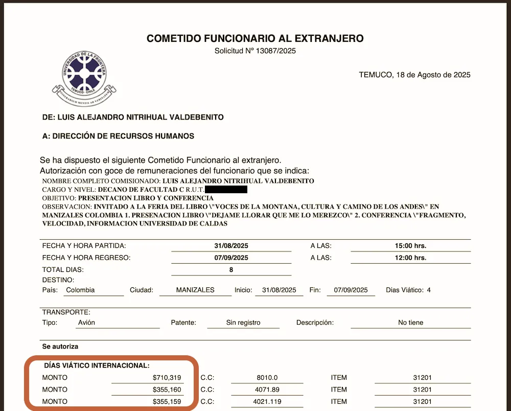 Cometido a Colombia de }Luis Nitrihual Valdebenito