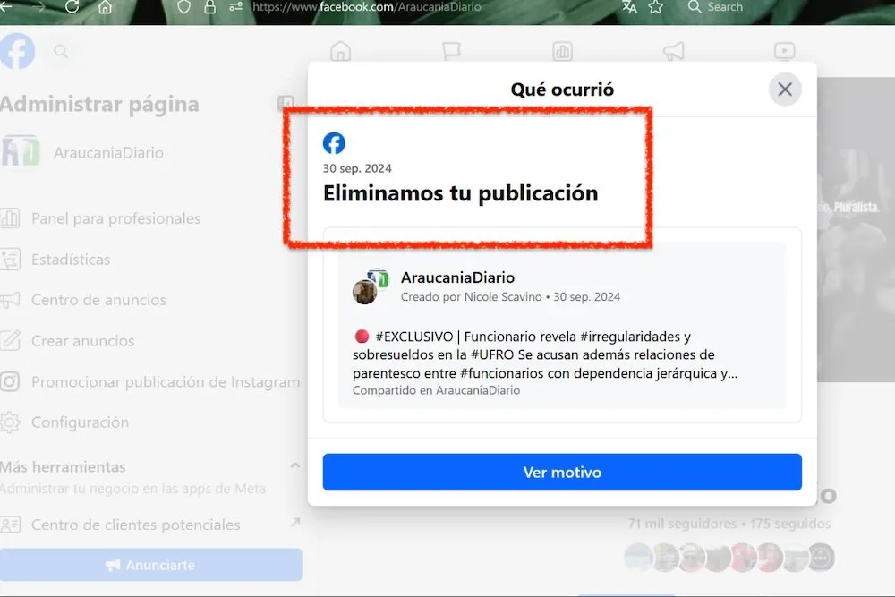 Intento de censura a nota de AraucaniaDiario en facebook