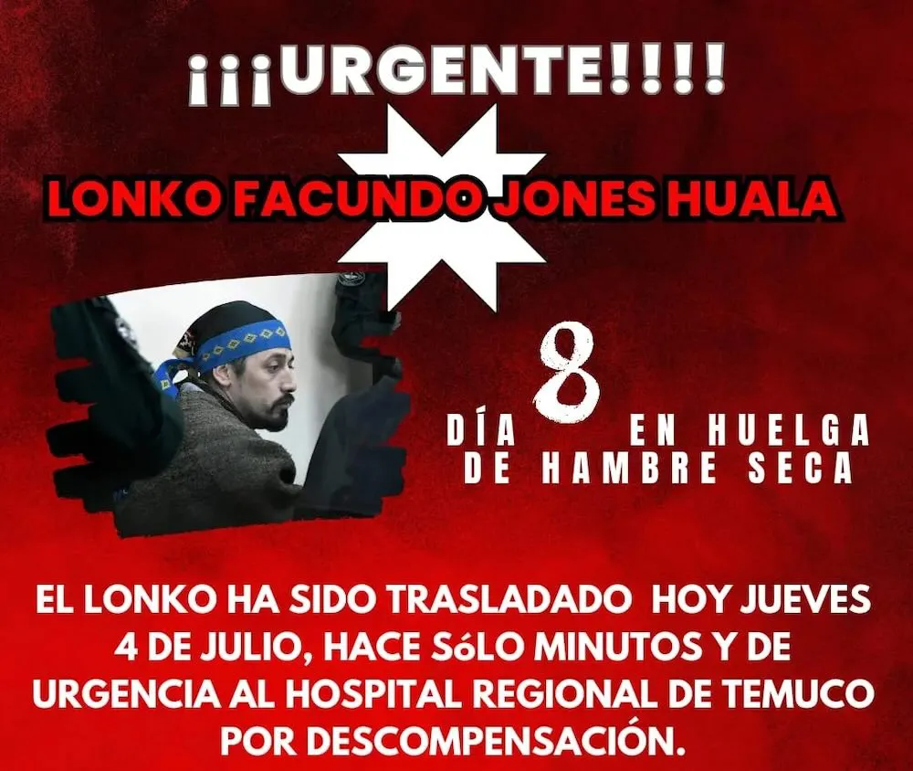 Trasladan a Facundo Jones Huala al Hospital Regional de Temuco