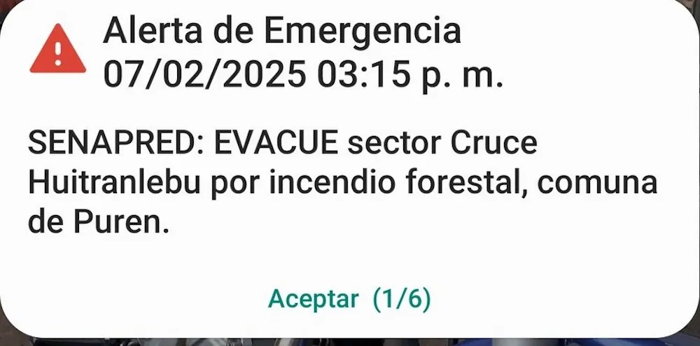 Mensaje alerta evacuacion Puren