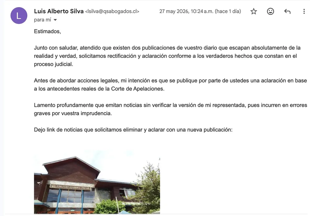 Original de correo electronico enviado a AraucaniaDiario